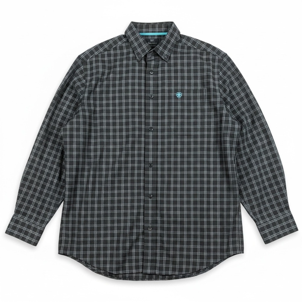 Ariat Pro Series Mens XXL Black Grey Plaid Long Sleeve Western Button Down Shirt